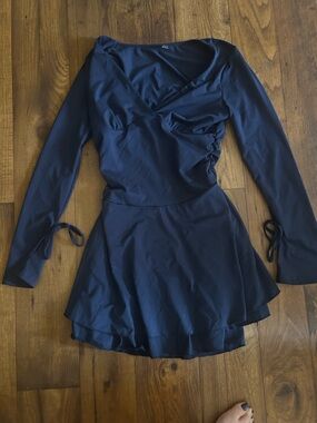 Navy Long Sleeve Wrap Skater Dress
